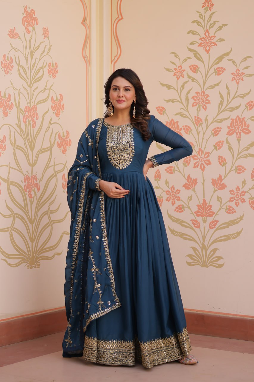 Rama Zari Sequins Embroidered Work Round Neck Gown