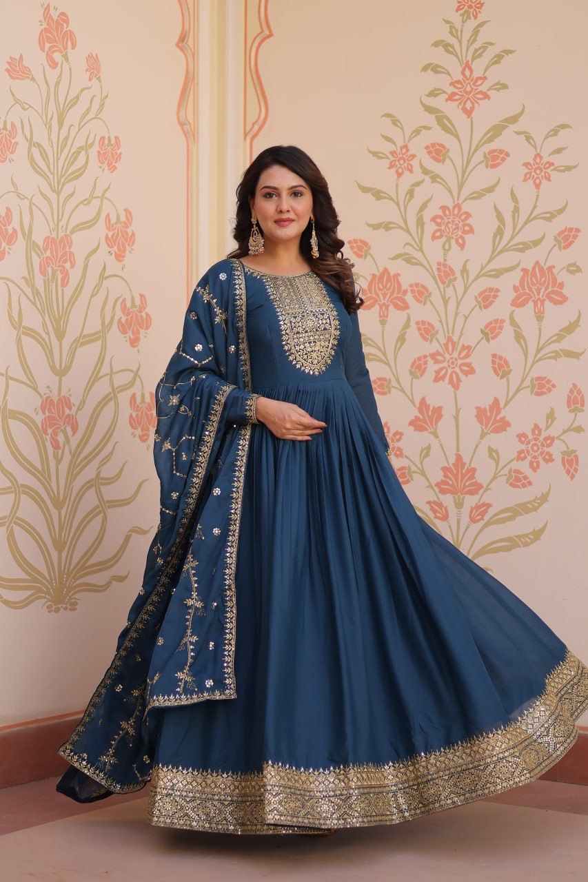 Rama Zari Sequins Embroidered Work Round Neck Gown
