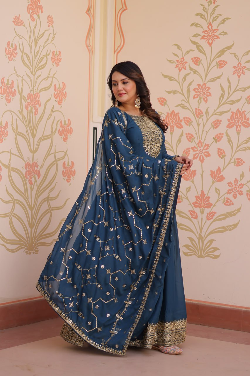 Rama Zari Sequins Embroidered Work Round Neck Gown