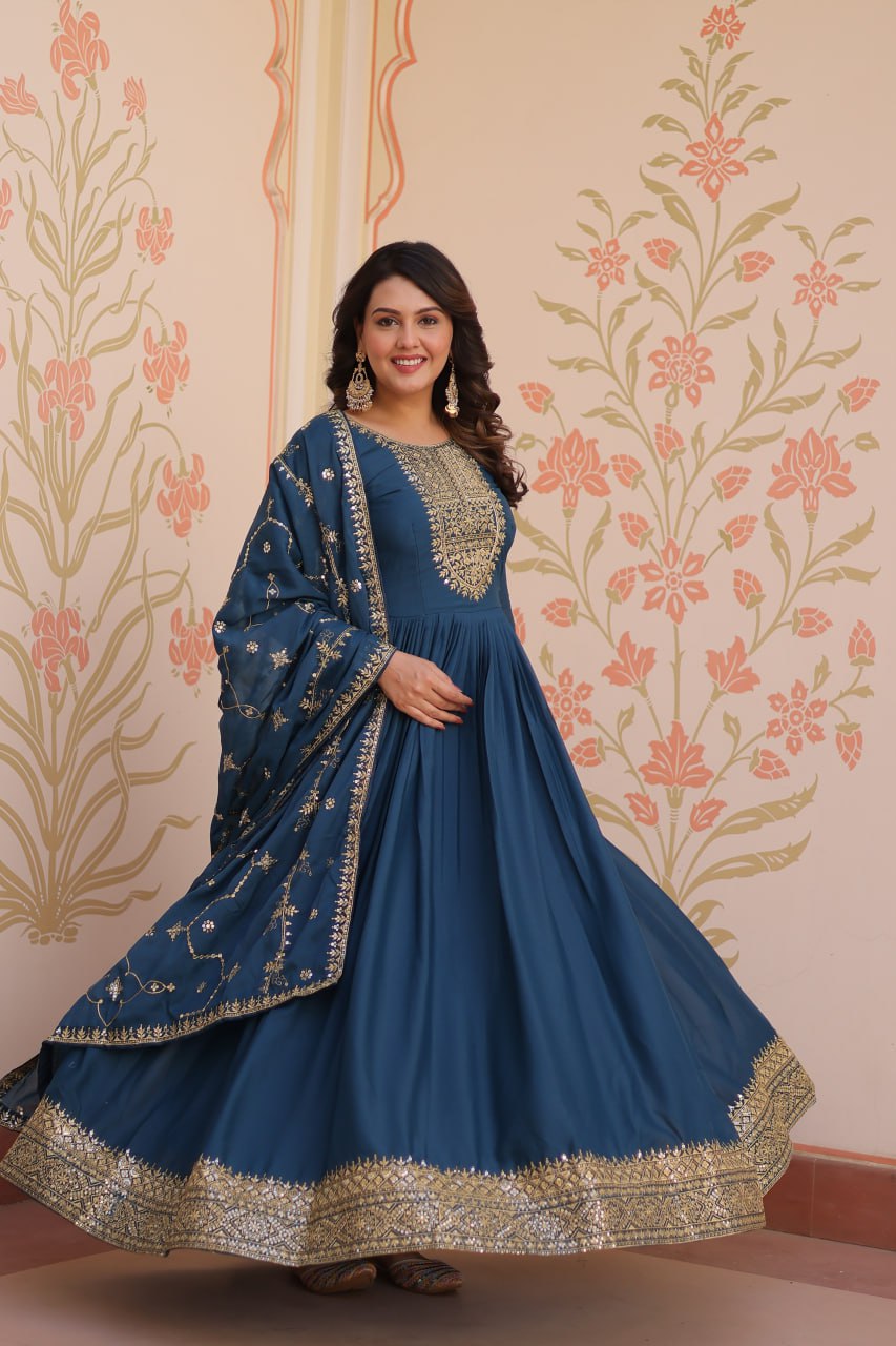Rama Zari Sequins Embroidered Work Round Neck Gown