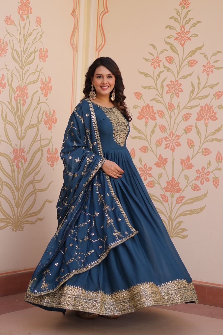 Rama Zari Sequins Embroidered Work Round Neck Gown