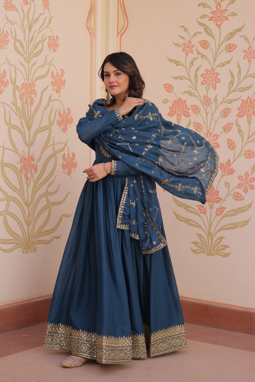 Rama Zari Sequins Embroidered Work Round Neck Gown