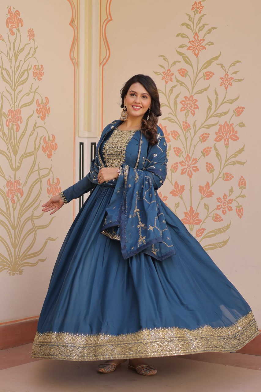 Rama Zari Sequins Embroidered Work Round Neck Gown