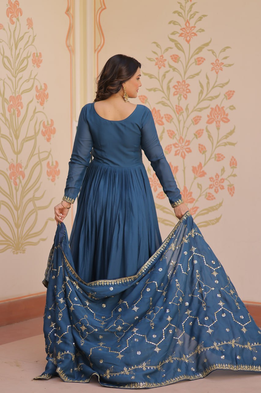 Rama Zari Sequins Embroidered Work Round Neck Gown