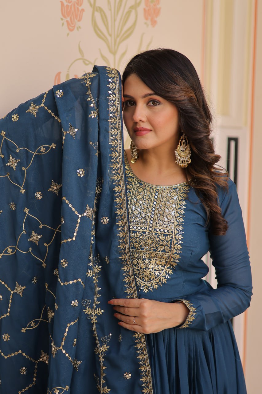 Rama Zari Sequins Embroidered Work Round Neck Gown