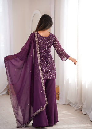 silver jari and sequence embroidery on wine purple silk kurti