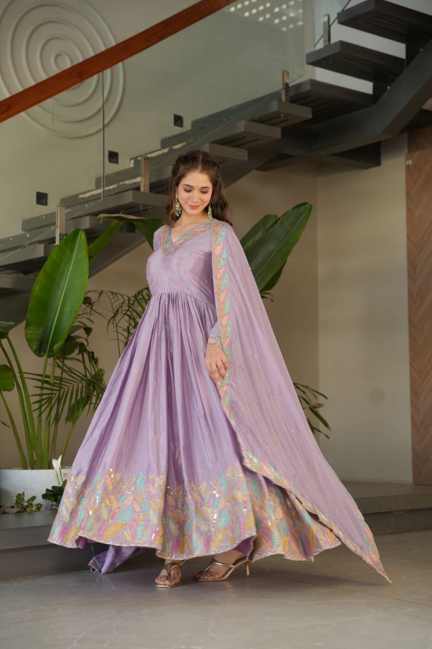 Lavender Chinnon With Rich Sequins Multi Thread Embroidered Work Gown