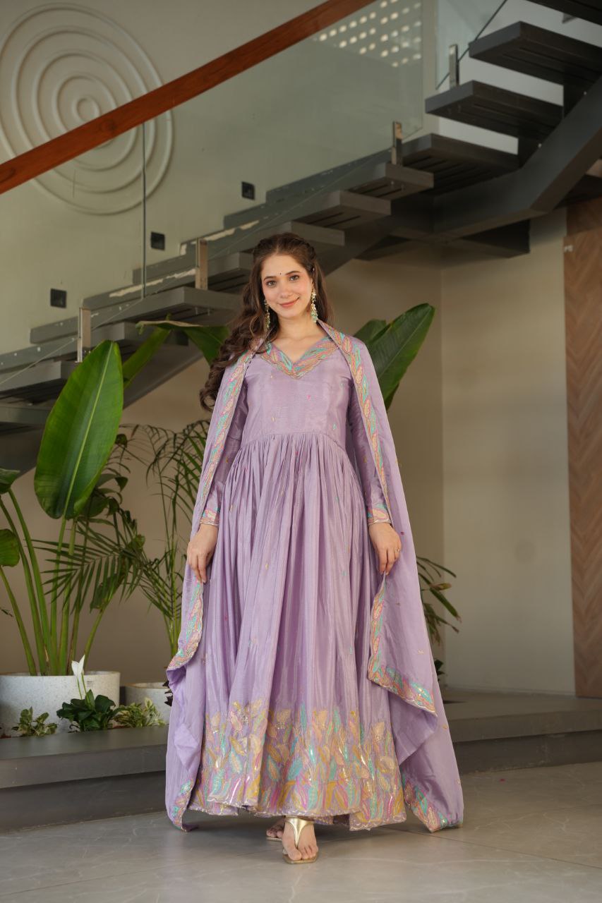 Lavender Chinnon With Rich Sequins Multi Thread Embroidered Work Gown