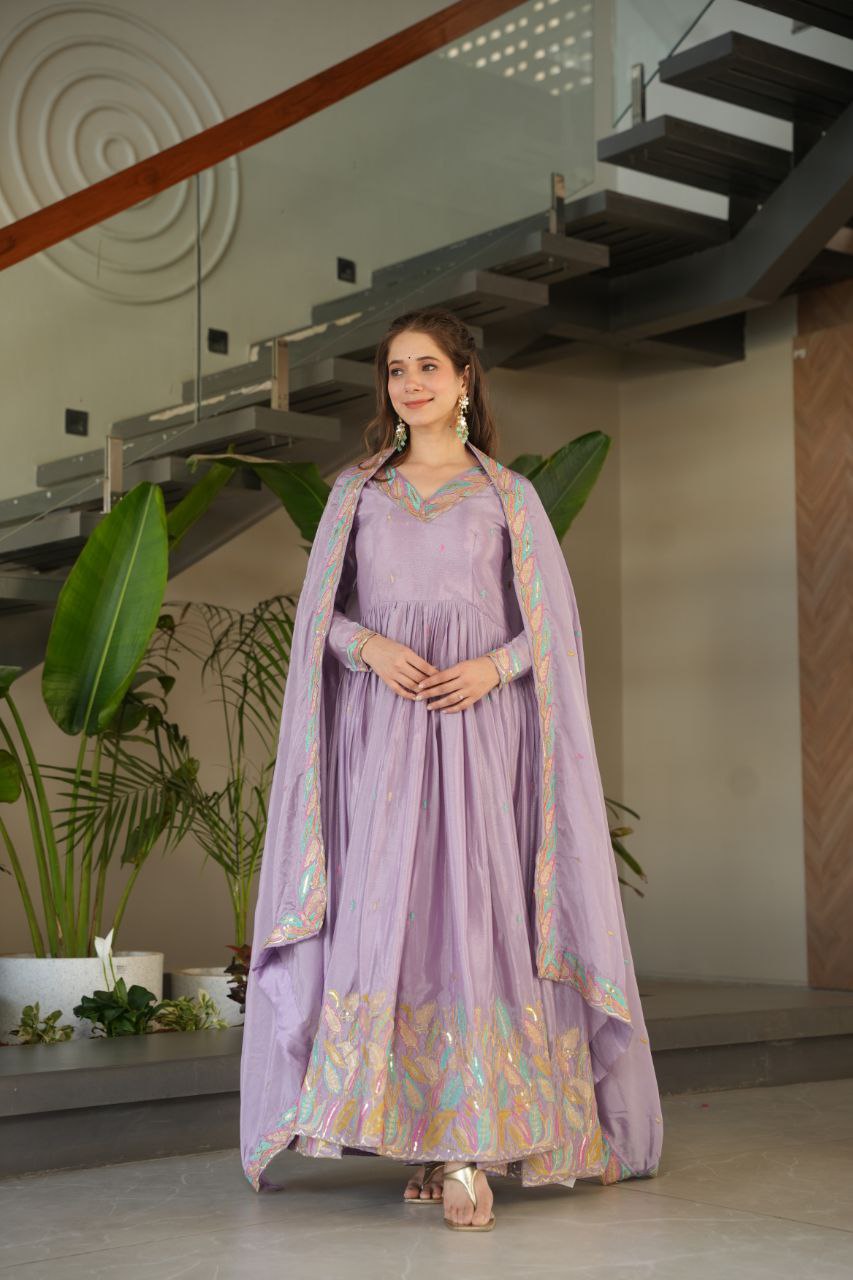 Lavender Chinnon With Rich Sequins Multi Thread Embroidered Work Gown