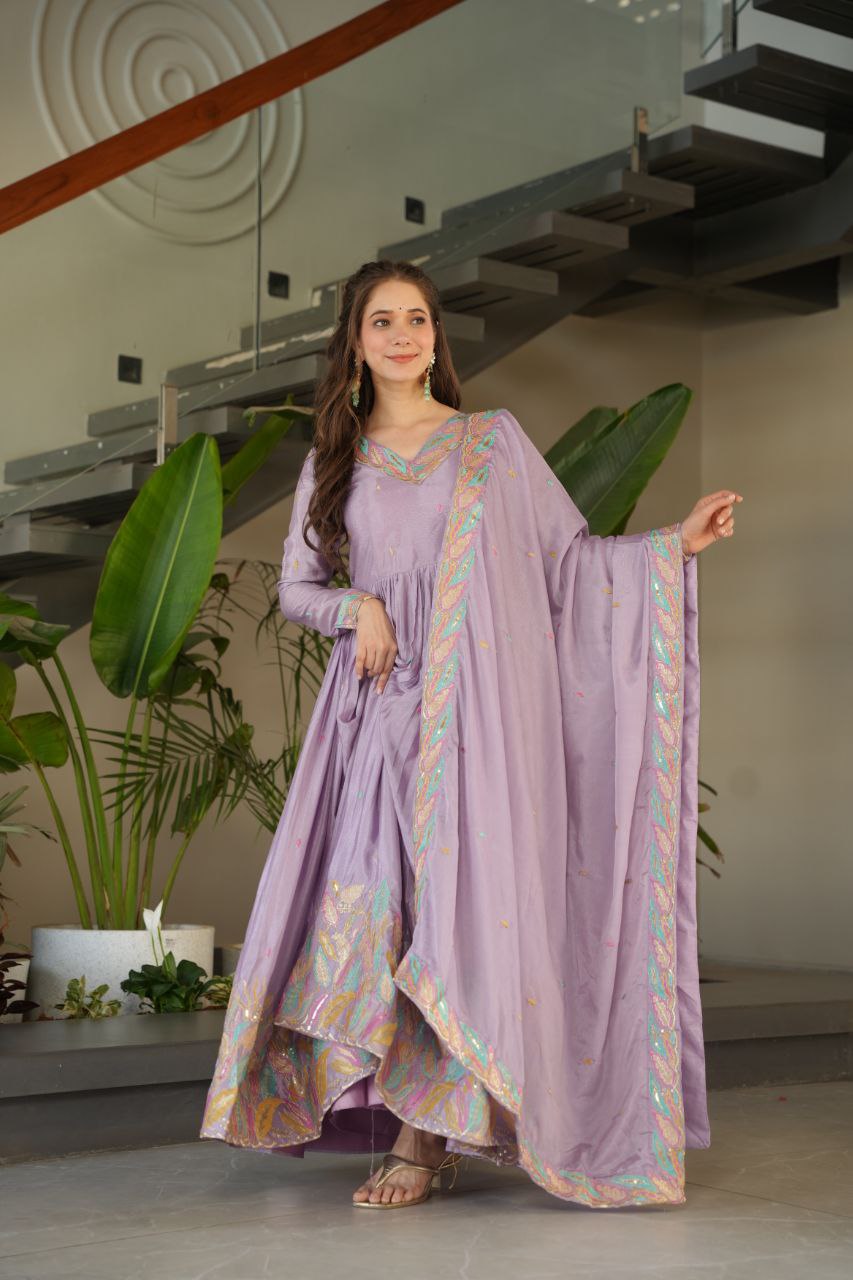 Lavender Chinnon With Rich Sequins Multi Thread Embroidered Work Gown