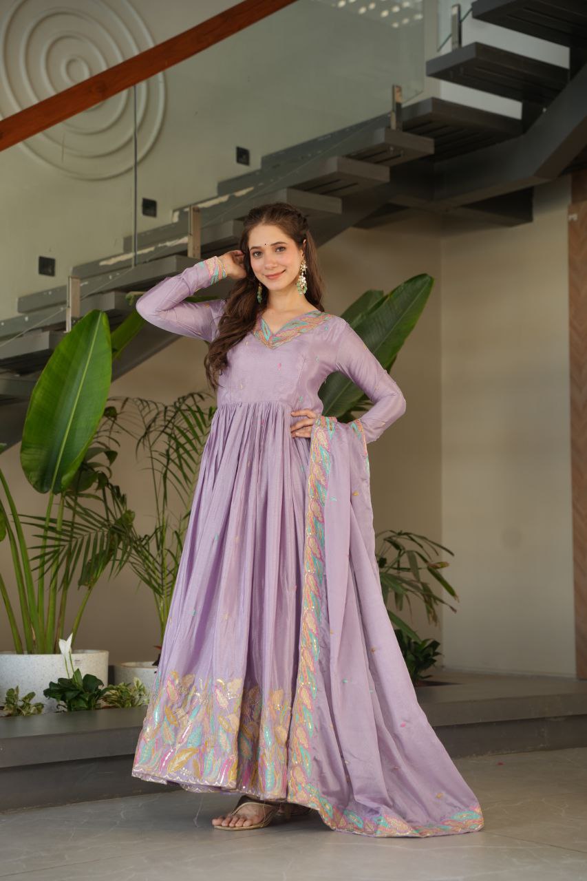 Lavender Chinnon With Rich Sequins Multi Thread Embroidered Work Gown