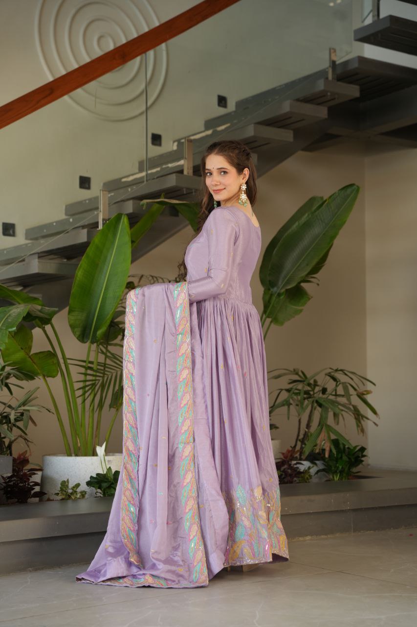Lavender Chinnon With Rich Sequins Multi Thread Embroidered Work Gown