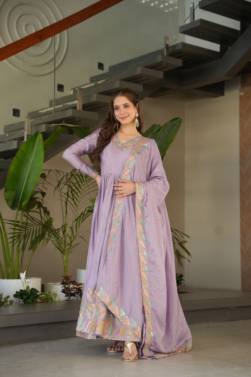Lavender Chinnon With Rich Sequins Multi Thread Embroidered Work Gown