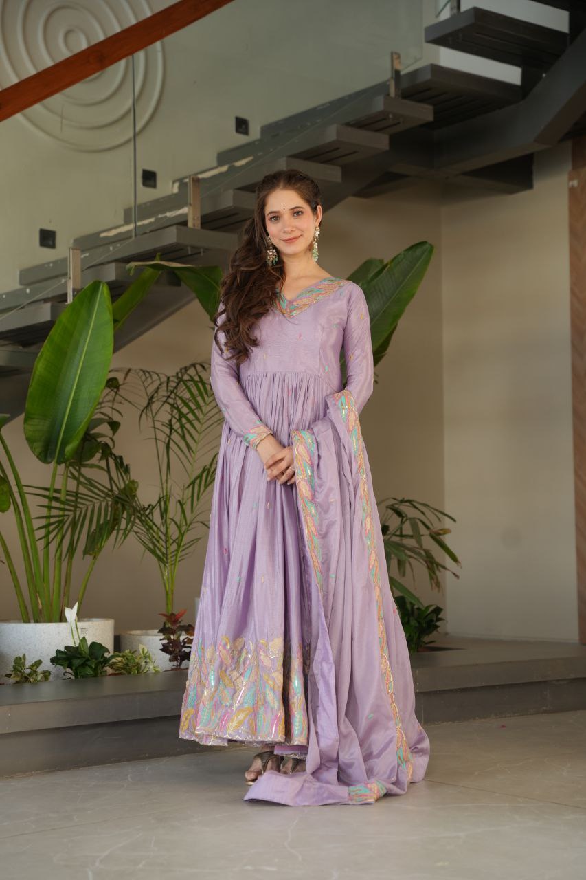 Lavender Chinnon With Rich Sequins Multi Thread Embroidered Work Gown