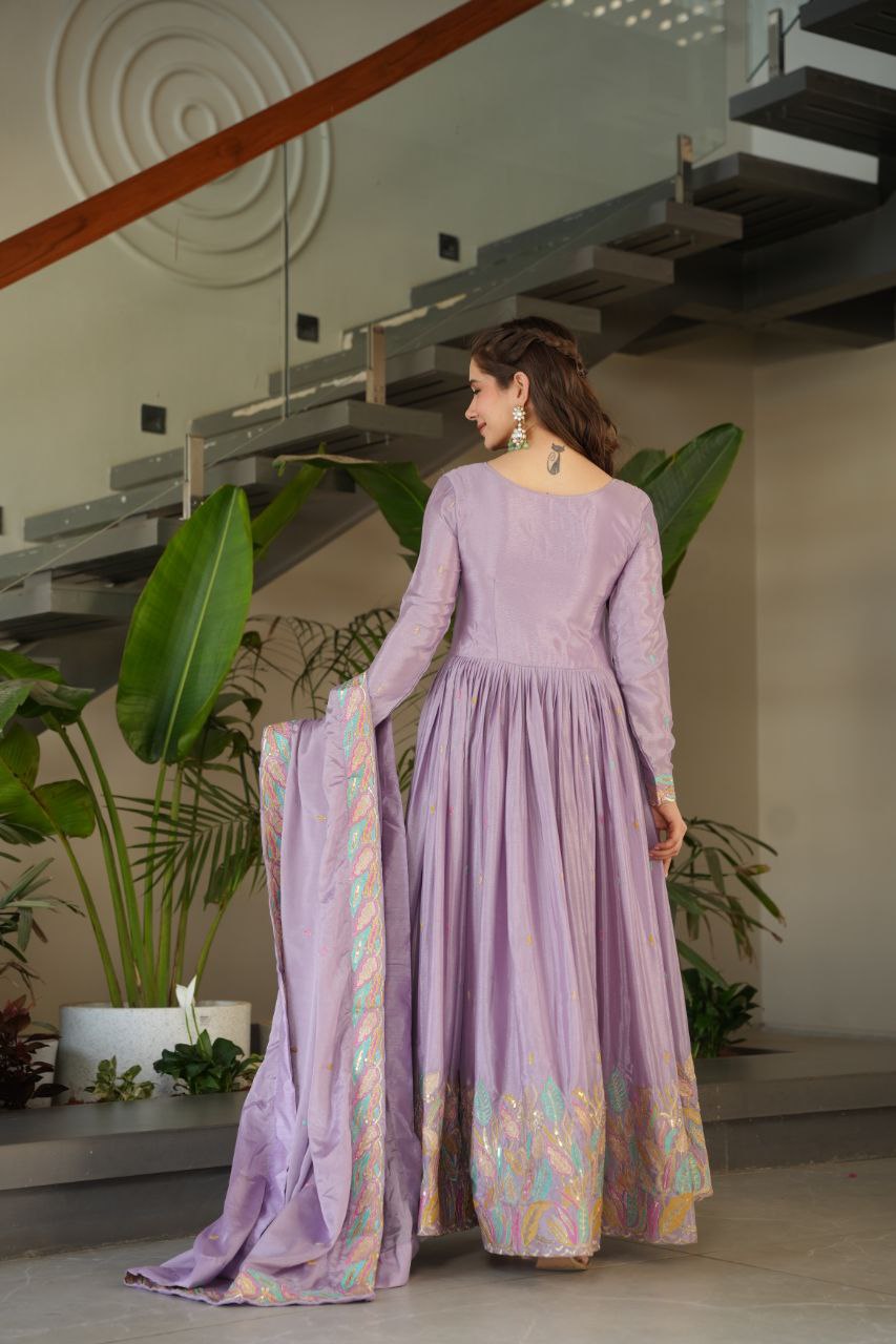 Lavender Chinnon With Rich Sequins Multi Thread Embroidered Work Gown