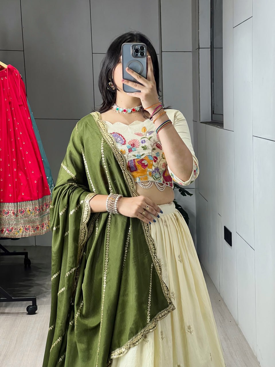 Mehendi Green Crush Vichitra Silk Lehenga – Designer Embroidery with Semi-Beads & Multicolour Threads