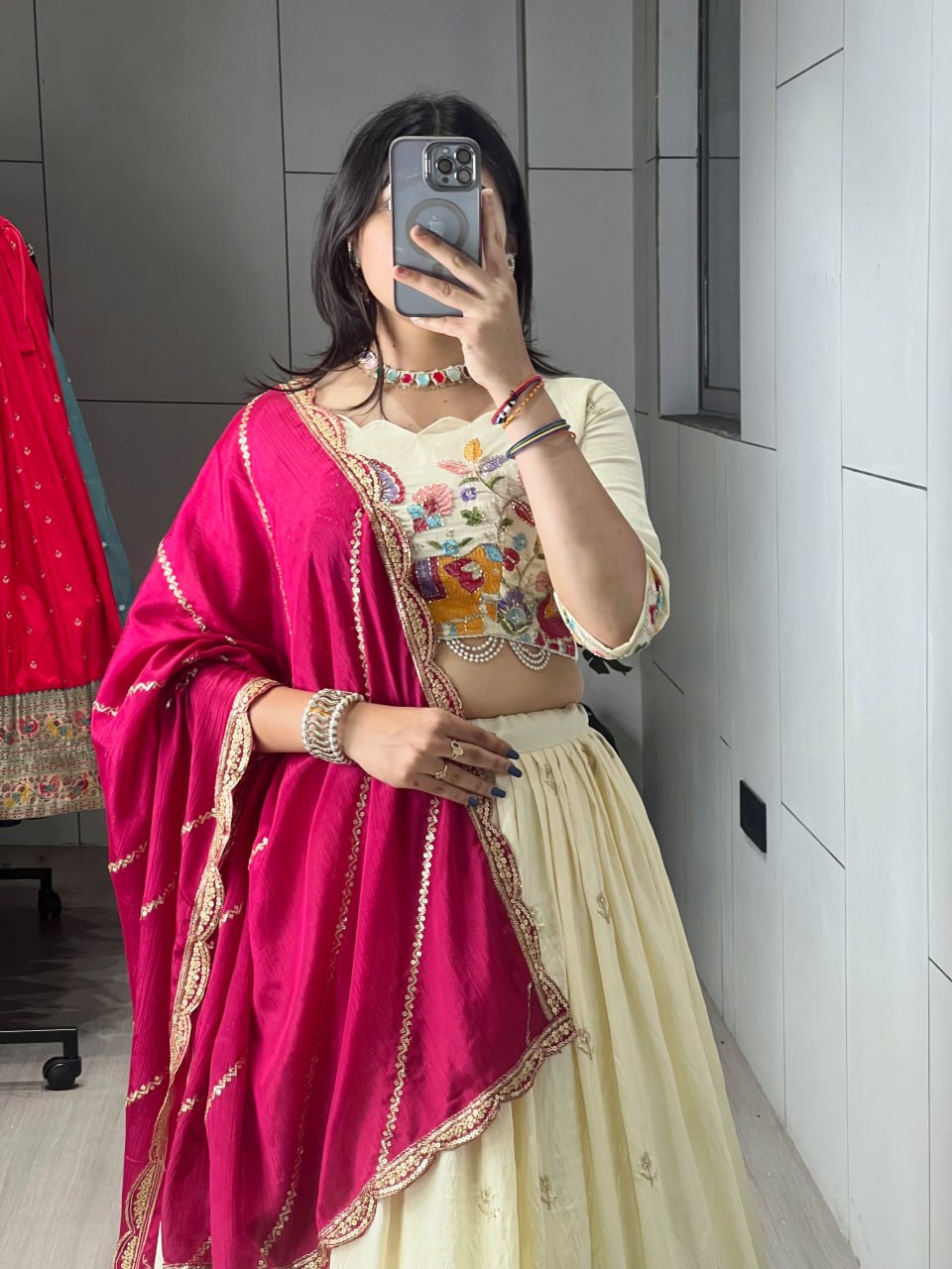 Rani Pink Crush Vichitra Silk Lehenga – Designer Embroidery with Semi-Beads & Multicolour Threads