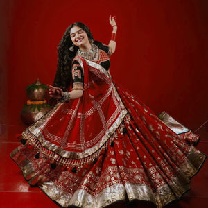 Traditional Gujarati Navratri chaniya choli red gold foil print for garba