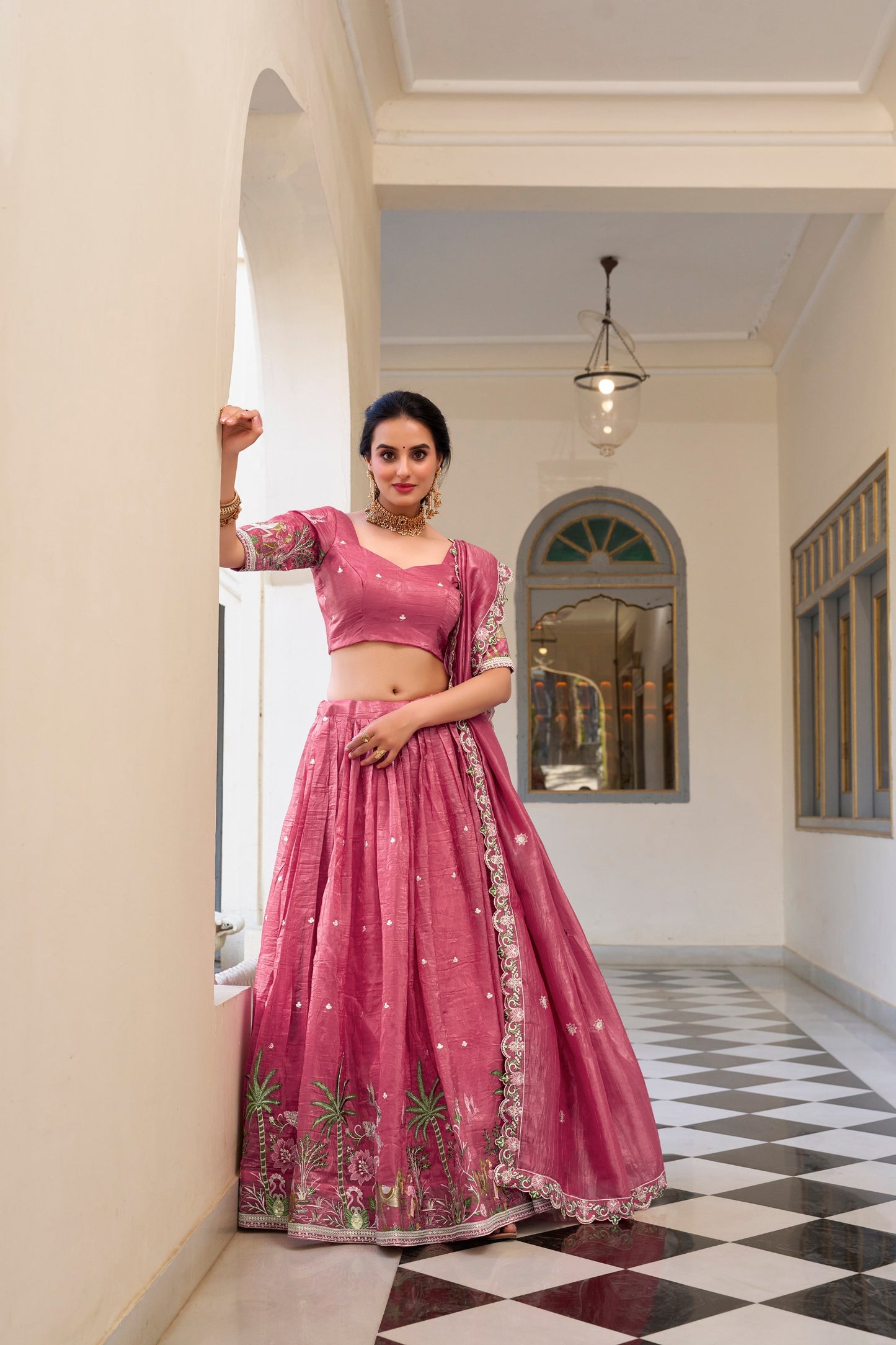 Pink Gold Crush Sequins And Thread Embroidery Work Lehenga Choli