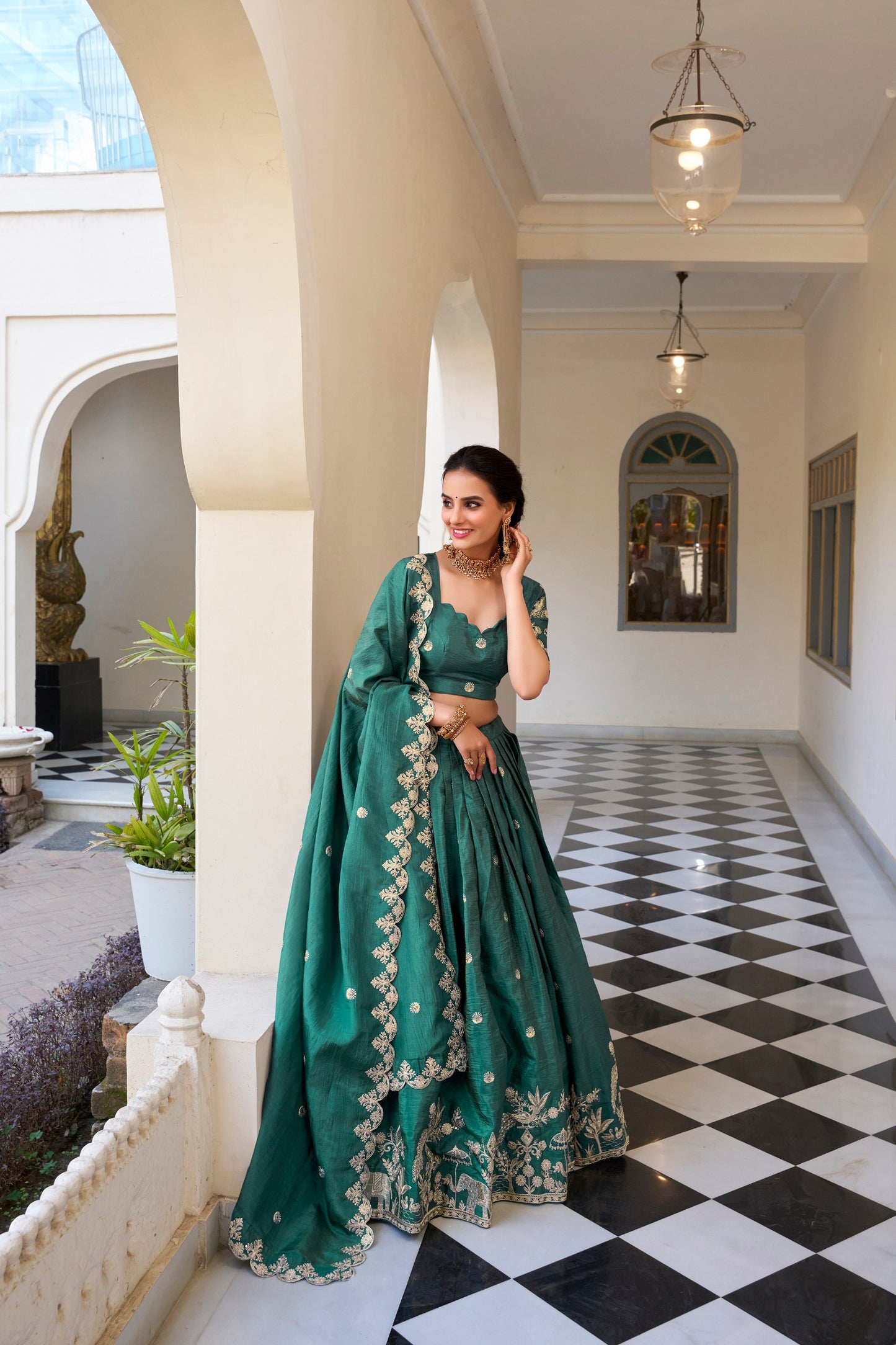 Teal Gold Crush Sequins And Thread Embroidery Work Lehenga Choli