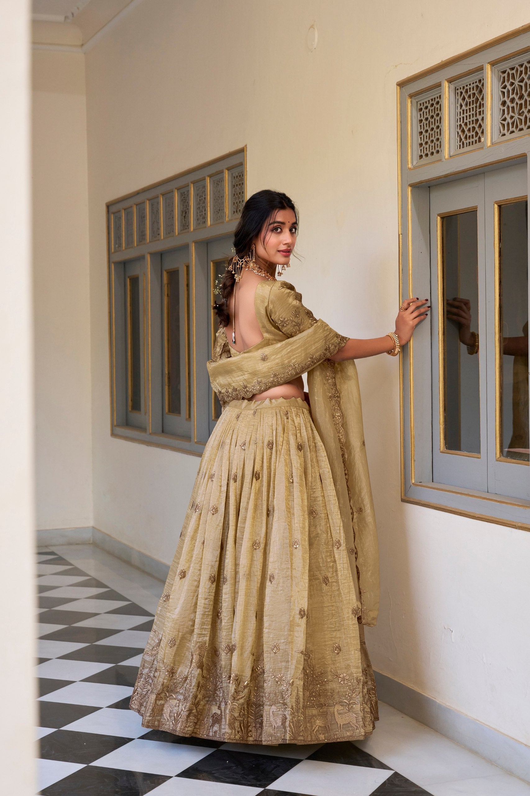 Off White Gold Crush Sequins And Thread Embroidery Work Lehenga Choli
