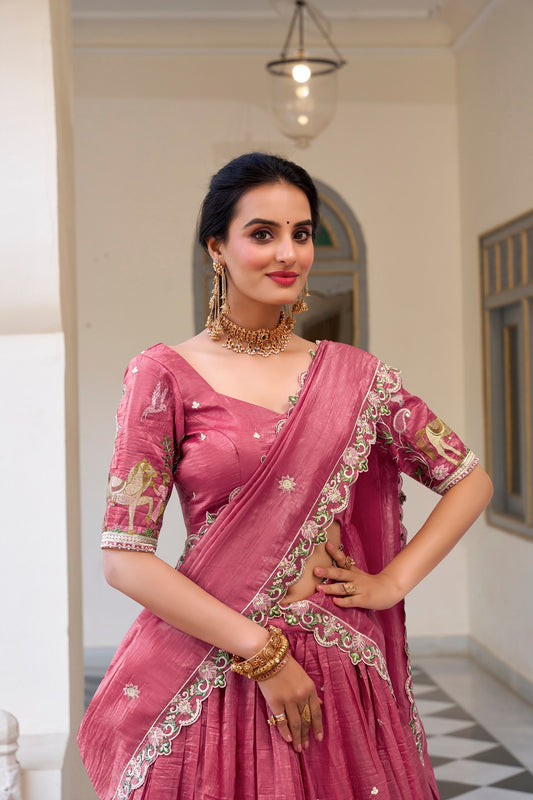 Pink Gold Crush Sequins And Thread Embroidery Work Lehenga Choli