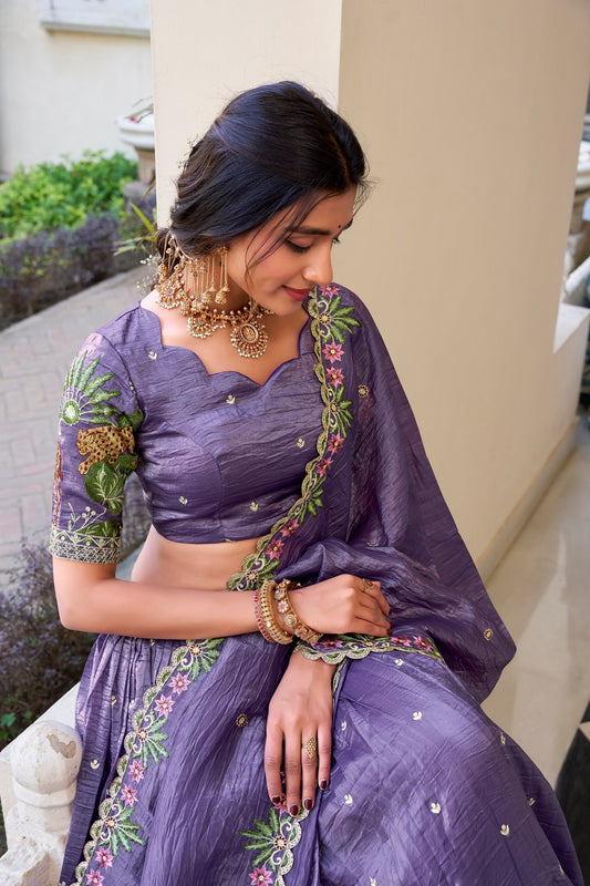 Lavender Gold Crush Sequins And Thread Embroidery Work Lehenga Choli