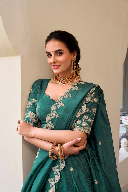 Teal Gold Crush Sequins And Thread Embroidery Work Lehenga Choli