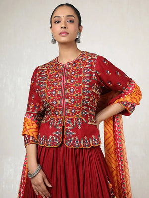 Garba lehenga choli maroon with Kutchi mirror work koti and mustard bandhani dupatta