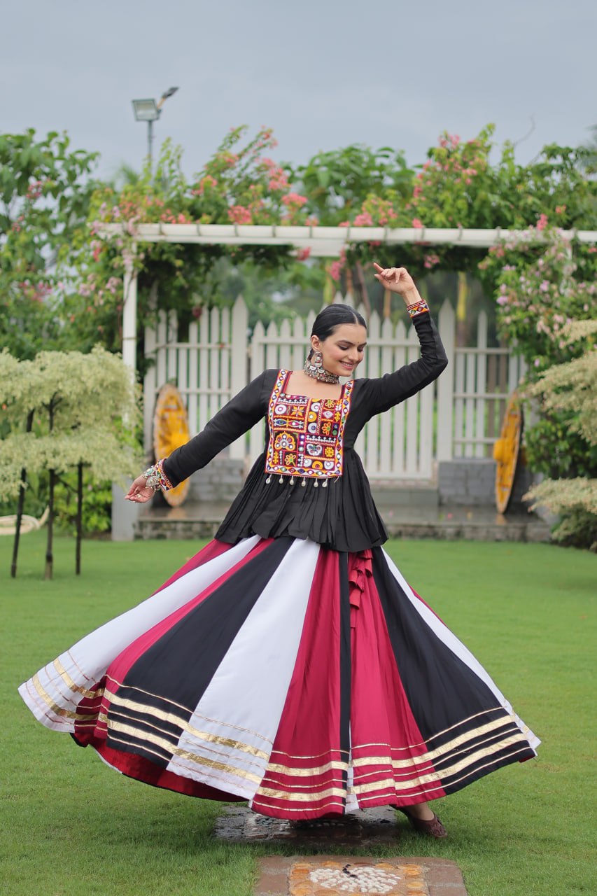 Black White Reyon With Attractive Gota Patti Lace Navratri Lehenga
