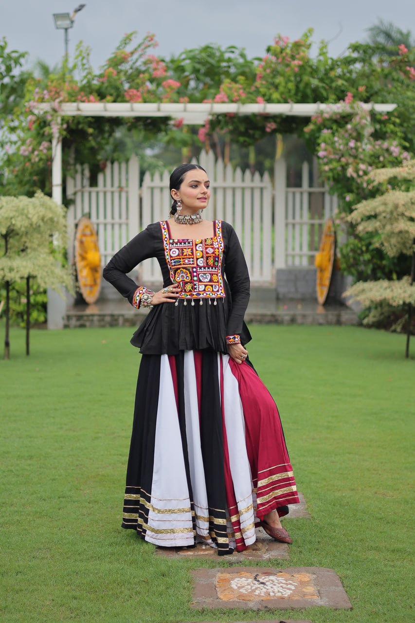 Black White Reyon With Attractive Gota Patti Lace Navratri Lehenga