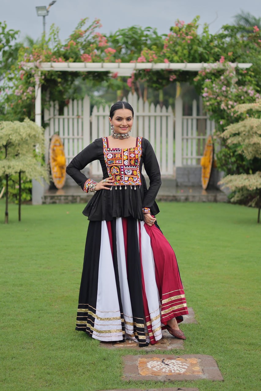 Black White Reyon With Attractive Gota Patti Lace Navratri Lehenga
