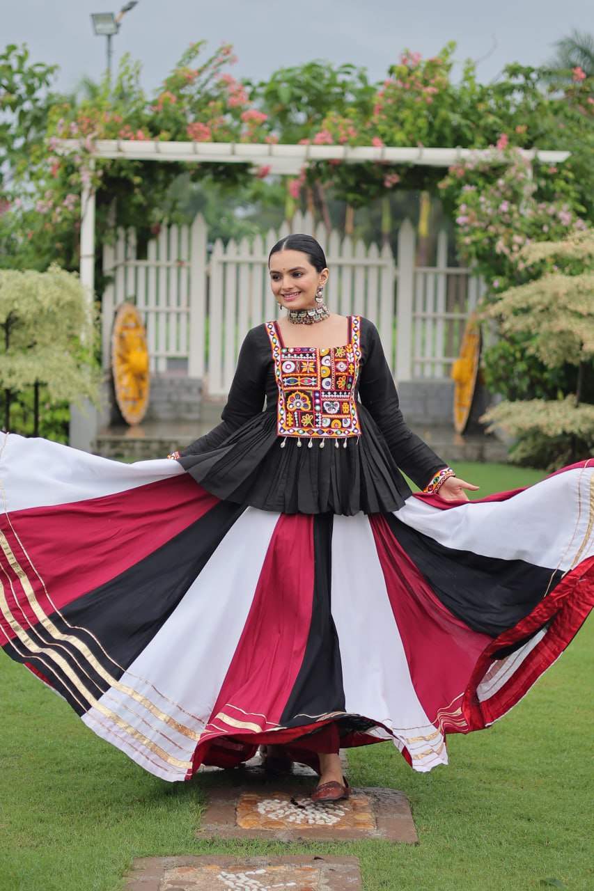 Black White Reyon With Attractive Gota Patti Lace Navratri Lehenga