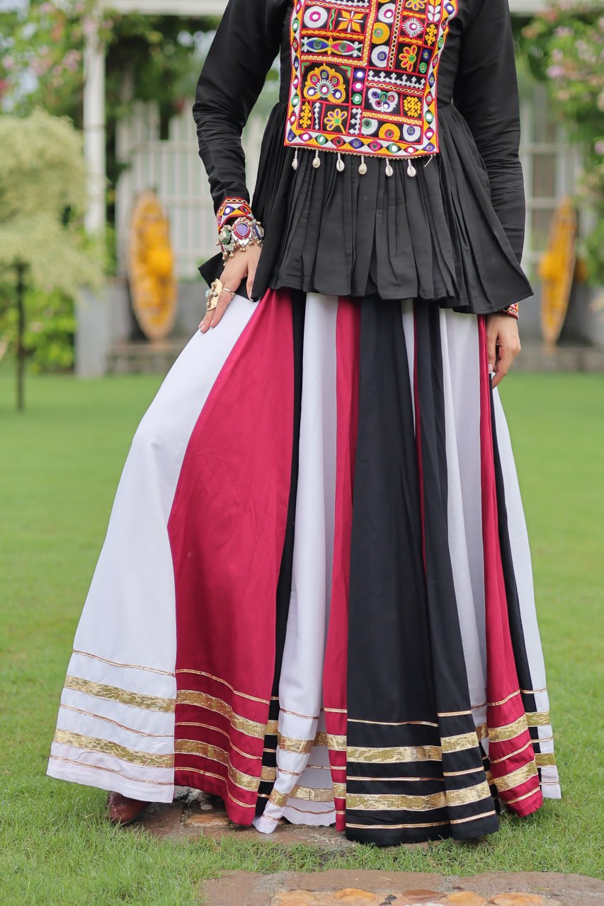 Black White Reyon With Attractive Gota Patti Lace Navratri Lehenga