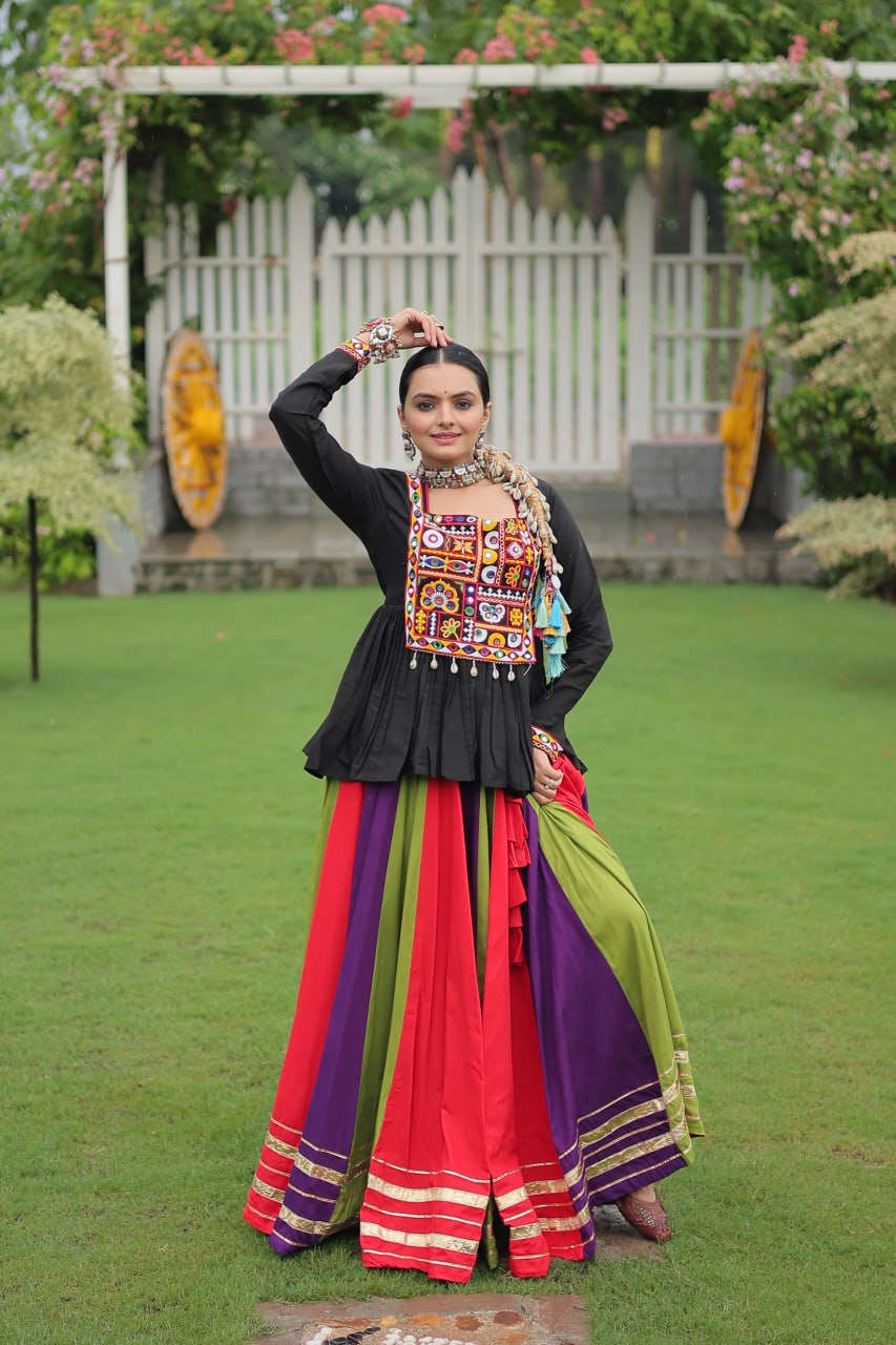 Purple Green Reyon With Attractive Gota Patti Lace Navratri Lehenga