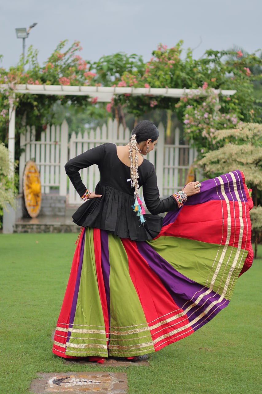 Purple Green Reyon With Attractive Gota Patti Lace Navratri Lehenga