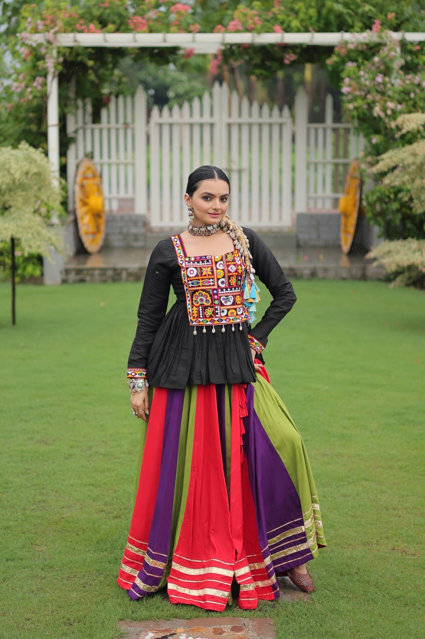Purple Green Reyon With Attractive Gota Patti Lace Navratri Lehenga