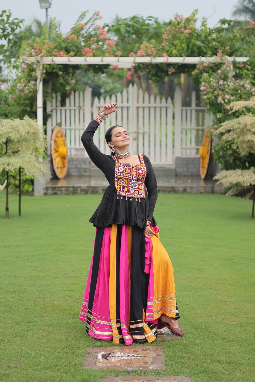 Yellow Black Reyon With Attractive Gota Patti Lace Navratri Lehenga