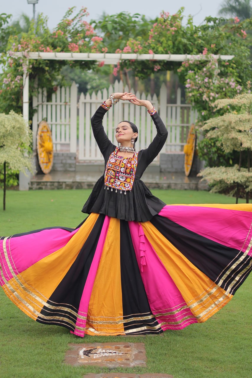 Yellow Black Reyon With Attractive Gota Patti Lace Navratri Lehenga
