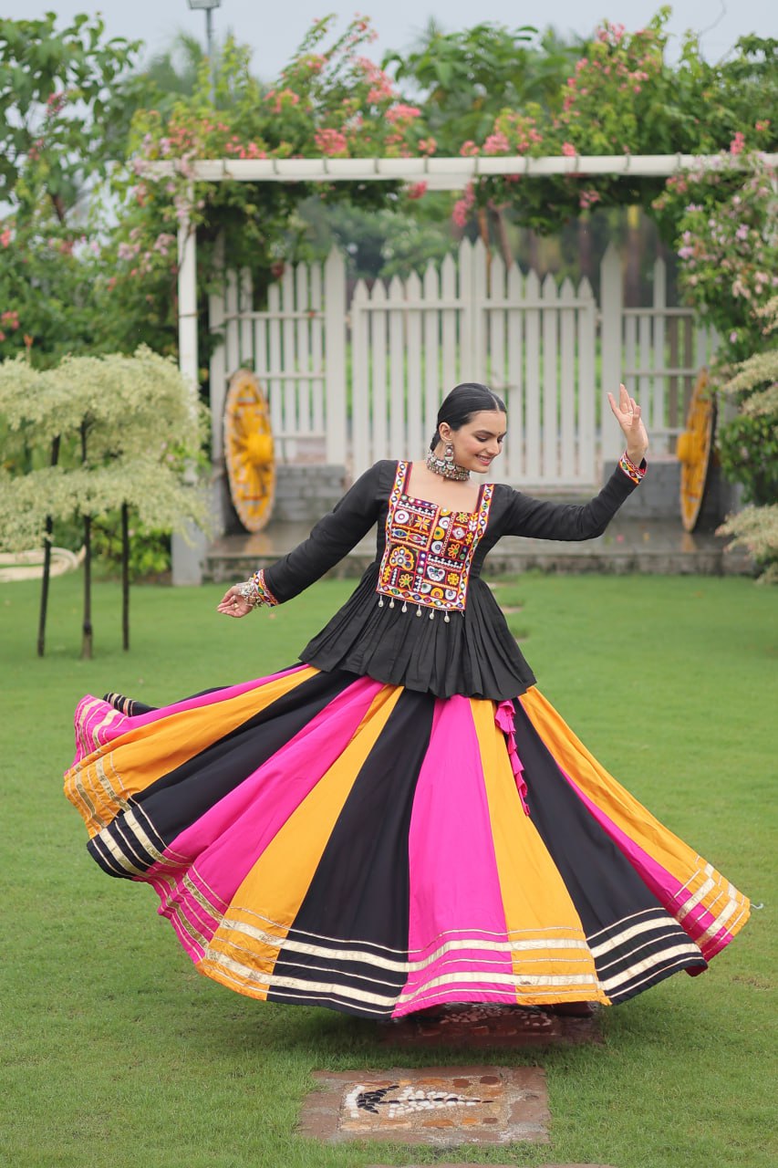 Yellow Black Reyon With Attractive Gota Patti Lace Navratri Lehenga