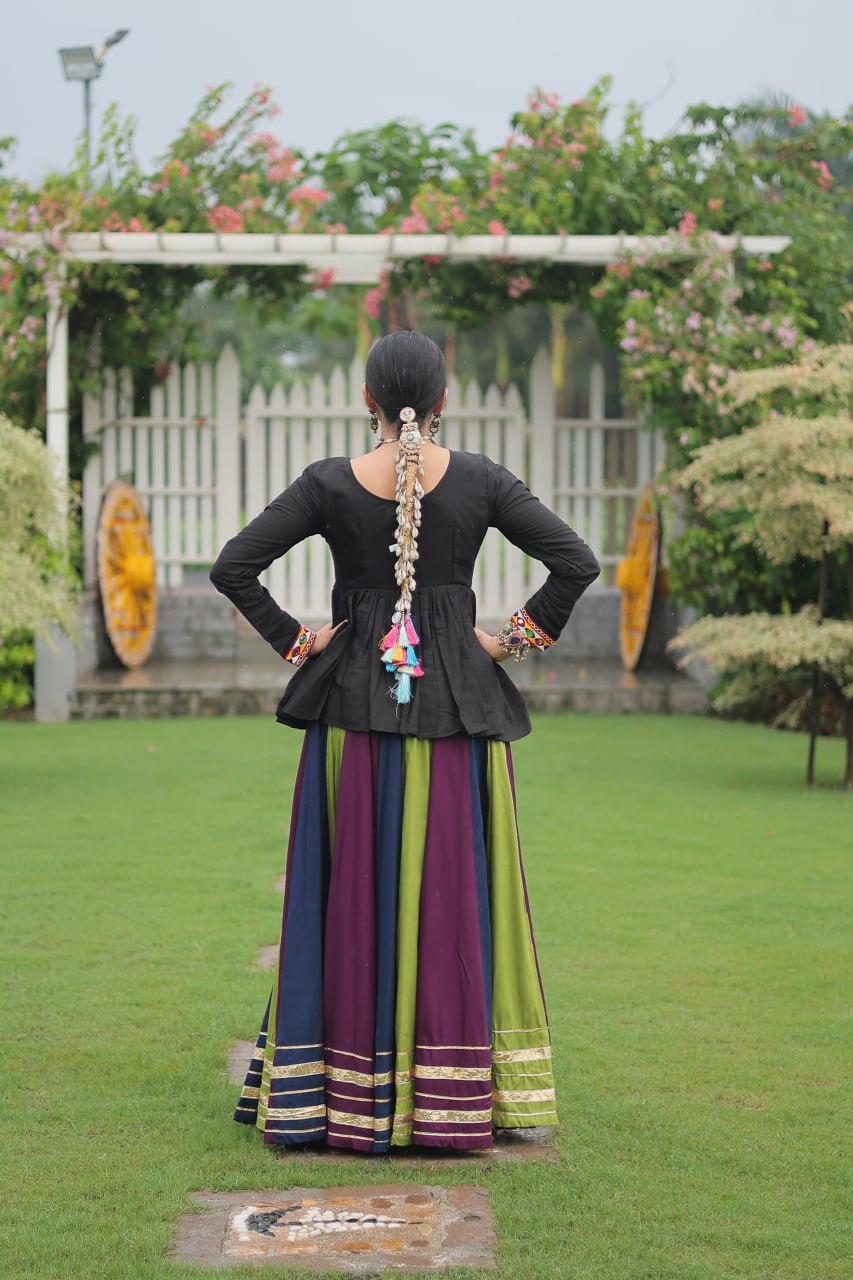 Green Blue Reyon With Attractive Gota Patti Lace Navratri Lehenga