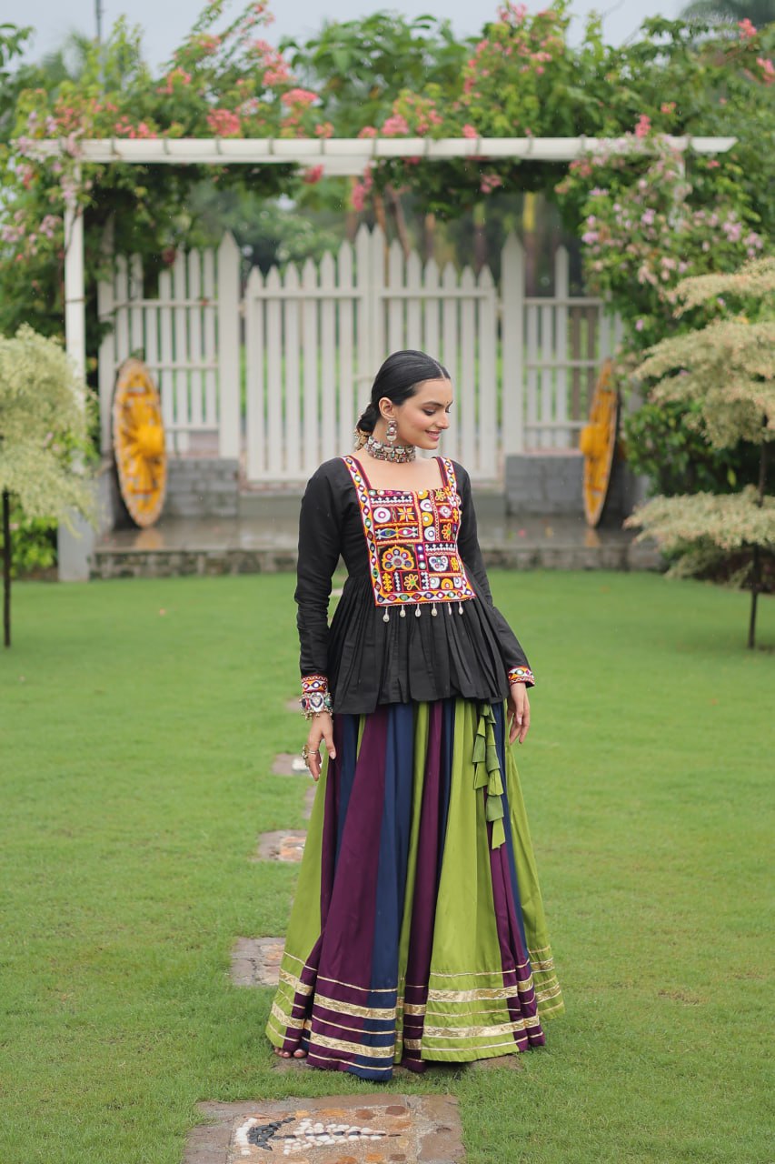 Green Blue Reyon With Attractive Gota Patti Lace Navratri Lehenga