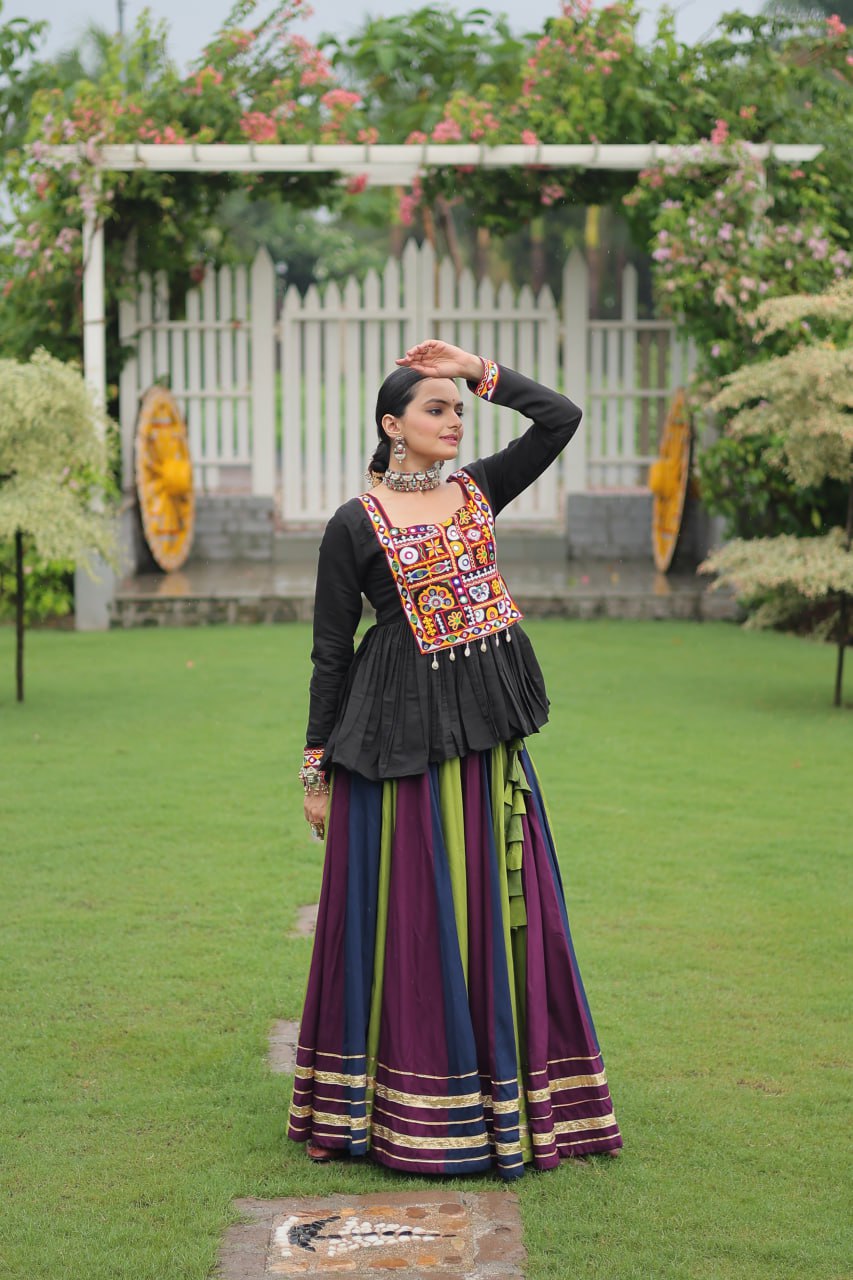 Green Blue Reyon With Attractive Gota Patti Lace Navratri Lehenga