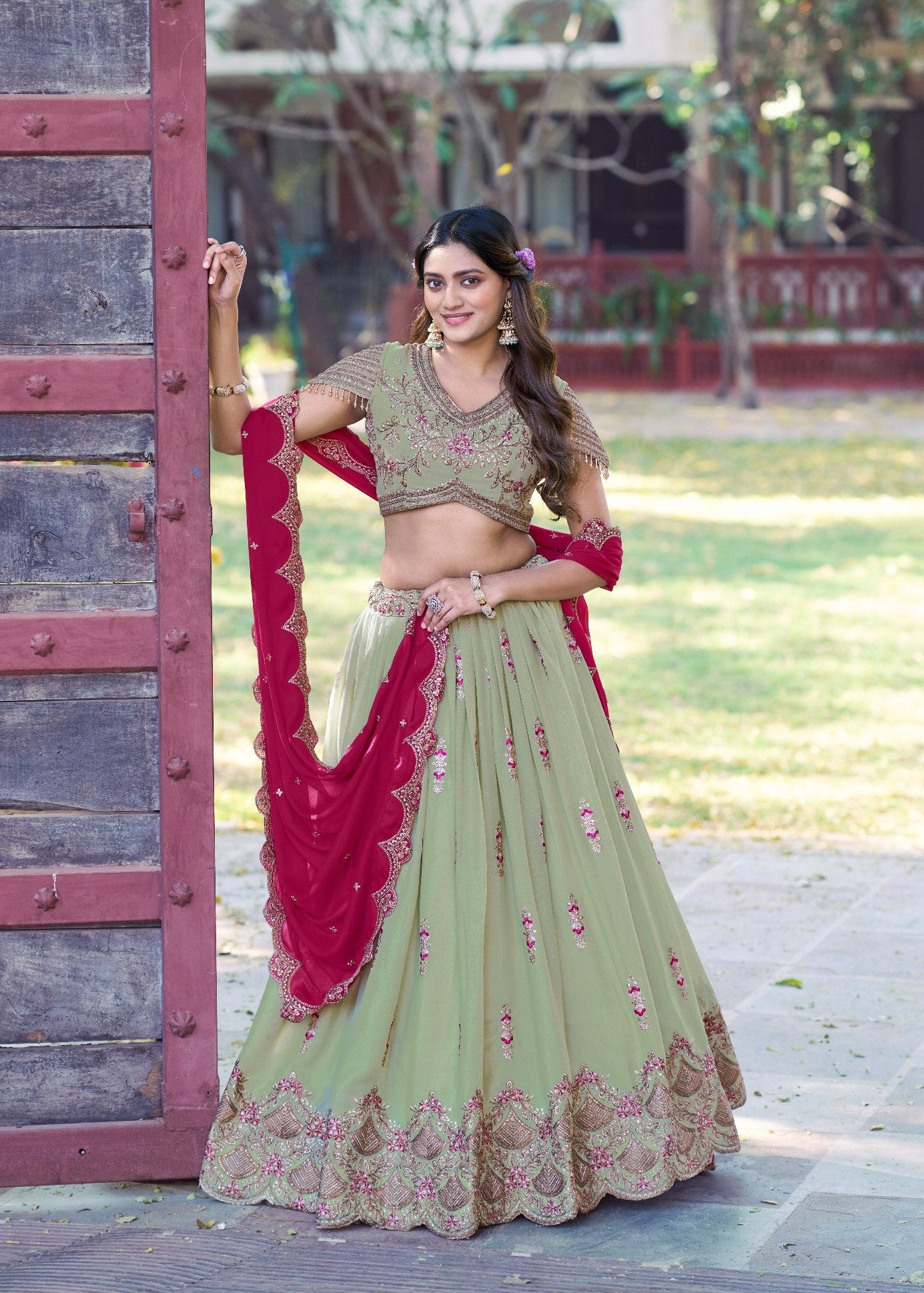 Pista Green & Rani Pink Star Georgette Lehenga Choli – Zari, Sequins & Resham Embroidery Set