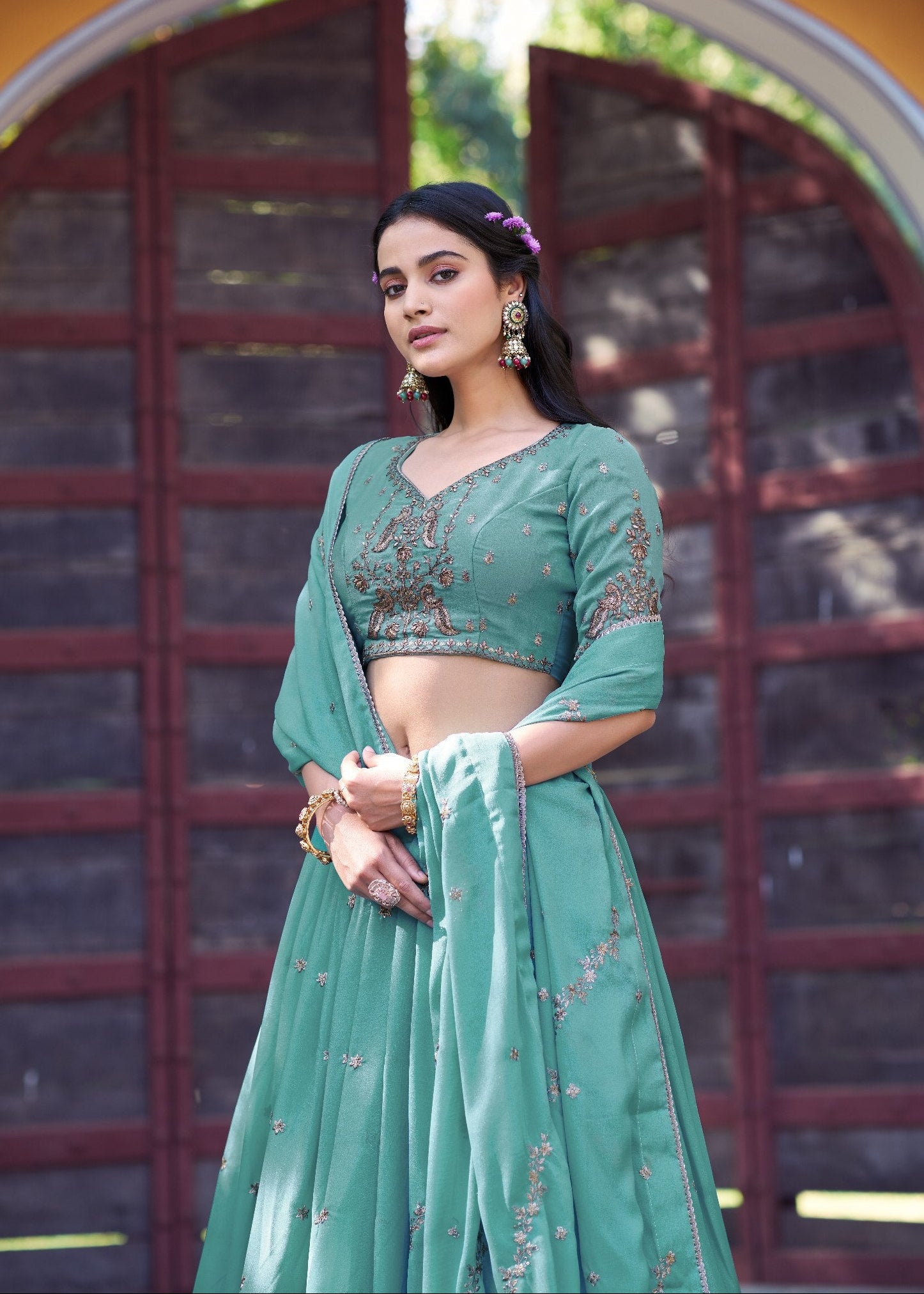Sea Green Star Georgette Lehenga Choli – Premium Zari, Resham & Sequins Butti Work