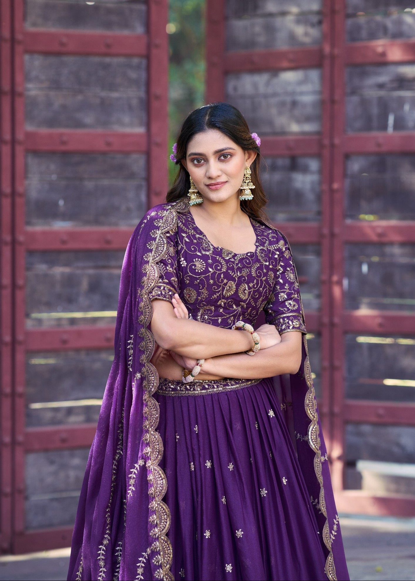 Deep Purple Star Georgette Lehenga Choli – Premium Zari, Sequins & Resham Embroidery Set