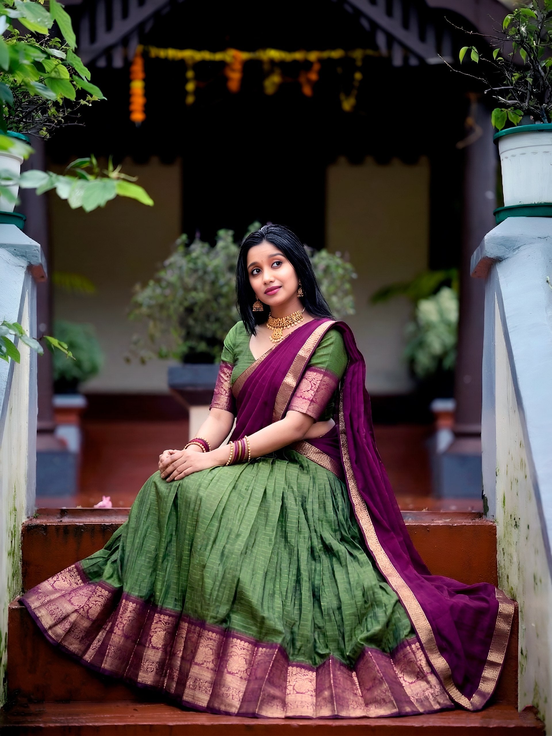 Mehendi Green & Purple Dola Silk Lehenga Choli with Traditional Zari Weaving Work