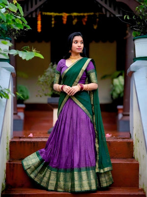 Purple and Bottle Green Dola Silk Lehenga with Chex Pattern and Traditional Zari Weaving Work by The Beauty Queen Surat