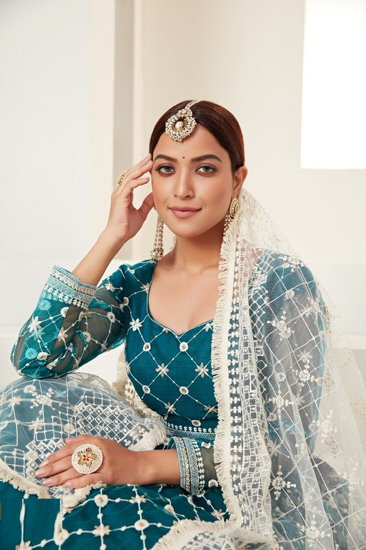 Teal Green Net Multi And Sequence Work Butterfly Net Lehenga Choli