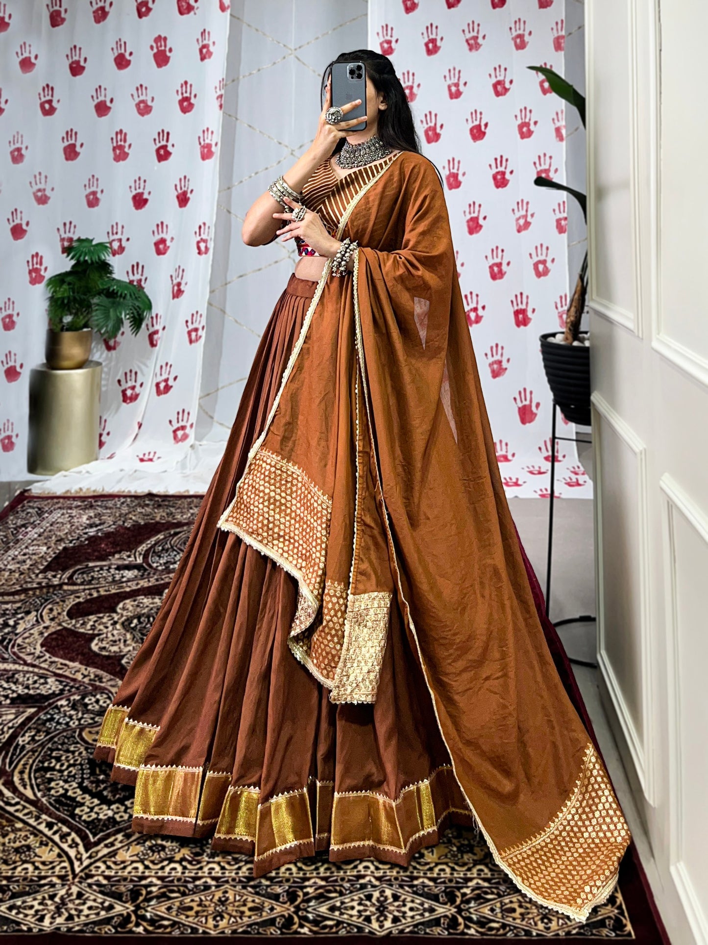 Brown Pure Chanderi Zari Weaving Work With Gotta Patti Navratri Lehenga Choli